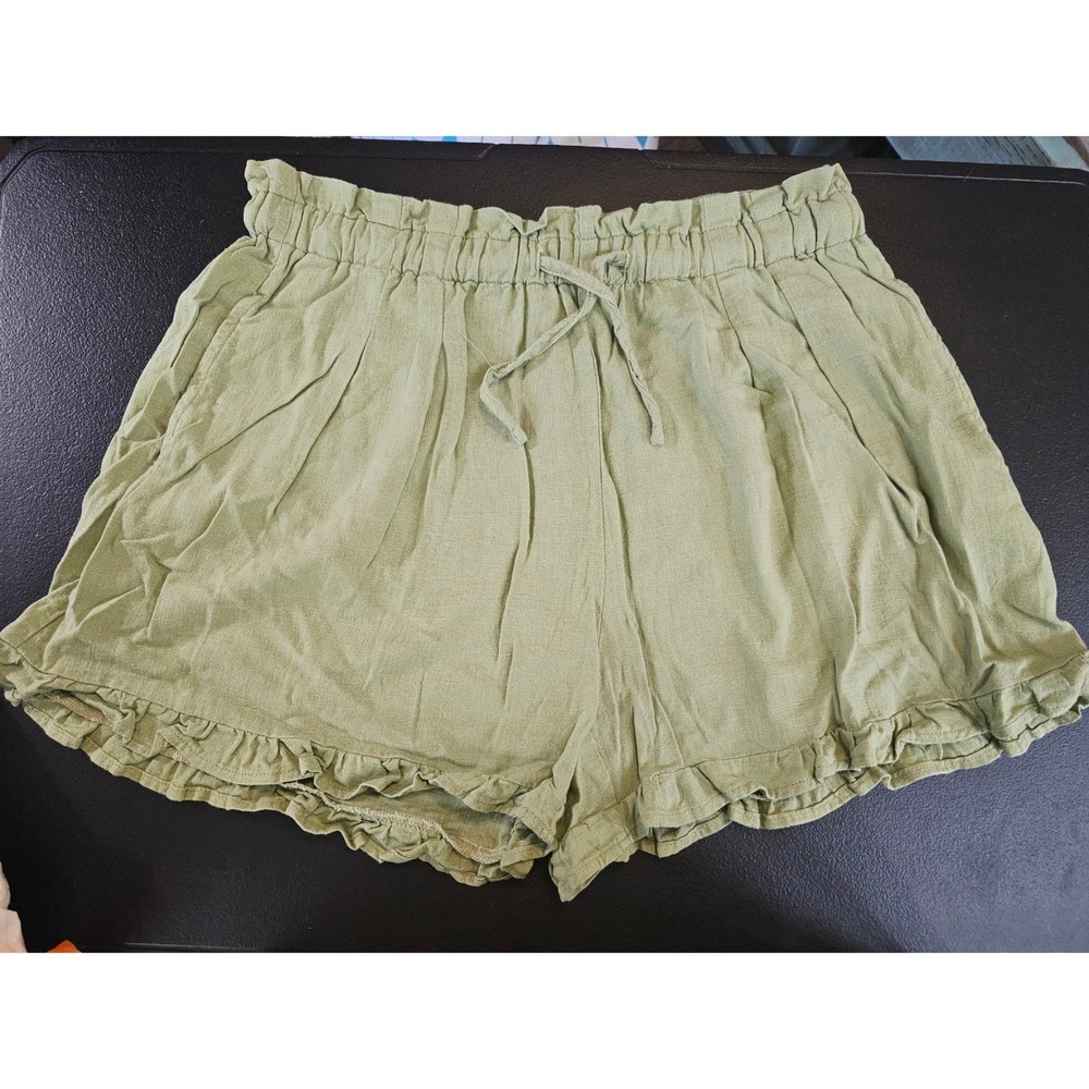 Umgee Earthy Linen Shorts Women M Green Paperbag Waist Ruffle Hem Relaxed #716